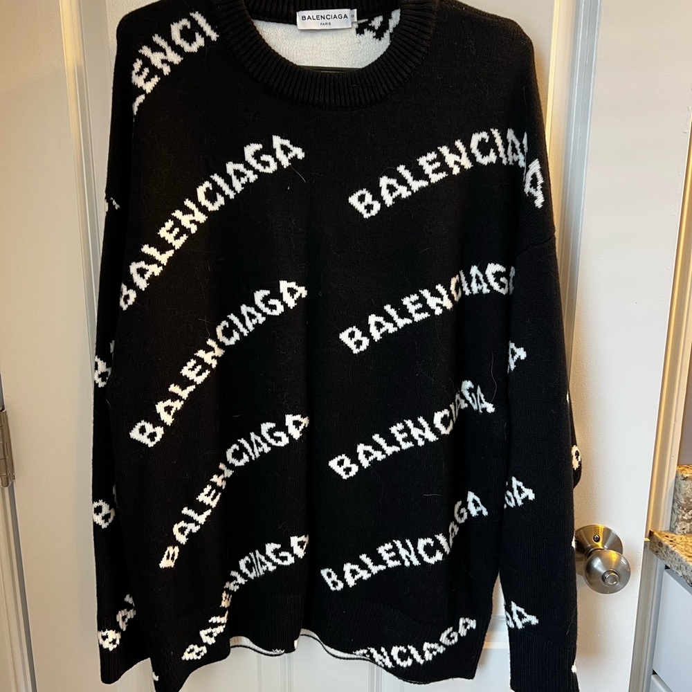 Women’s Balenciaga Black Sweater w/ Balenciaga White Logos Across. Size Small.